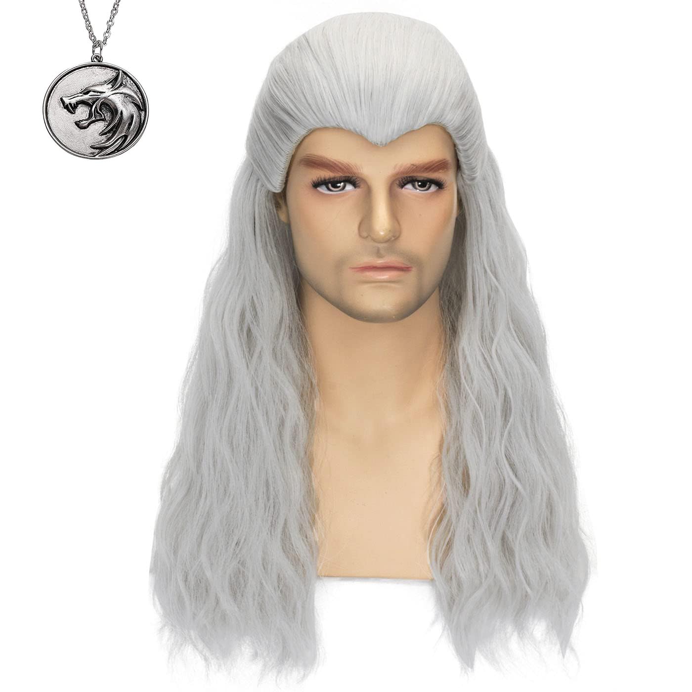 FALAMKA Silver Wig Men'S Long Wavy Cosplay Wig +Wolf Pendant Adult Costume Halloween With Necklace