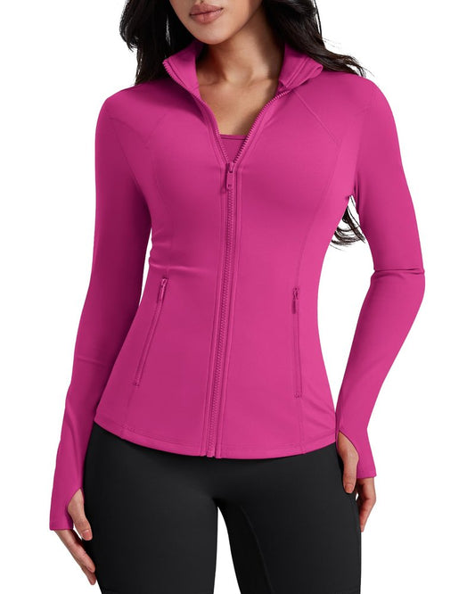 AVGO Womens Workout Jackets Lightweight Athletic Zip Up Jacket Slim Fit Running Gym Top with Pockets & Thumb Holes(Hot Pink, XL)