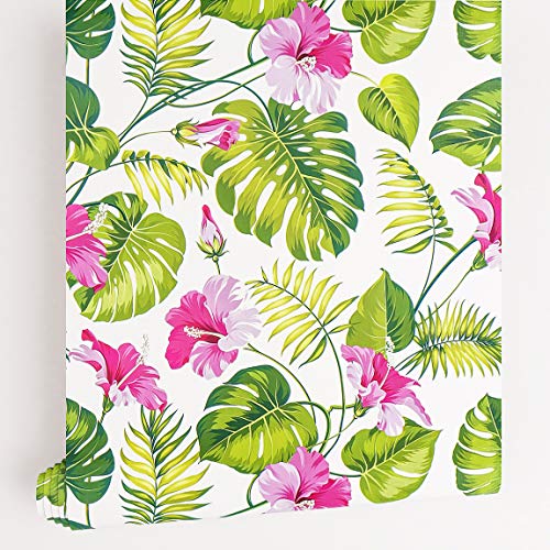 LACHEERY Tropical Palm Leaf Peel and Stick Wallpaper 17.7" x 6.8ft Removable White Green Pink Contact Paper Decorative Self Adhesive Floral Wallpaper for Bedroom Walls Shelf Drawer Liner Nightstand