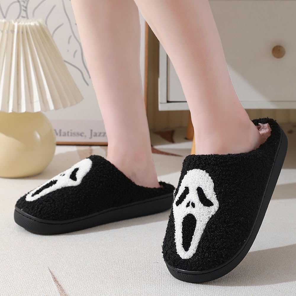 V OPXIN Halloween Slippers for Women Men Pumpkin Spooky Ghost Slippers Cozy Plush Warm Slip-on House Slippers Shoes for Indoor Outdoor Halloween Gifts