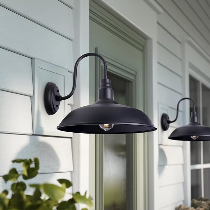 16 Inch Gooseneck Light Fixture for Barn Door, 2 Pack Large Barn Lights for Front Porch, Black Outdoor Farmhouse Light with Goose Neck Arm, Exterior Wall Dome Lighting for House Garage