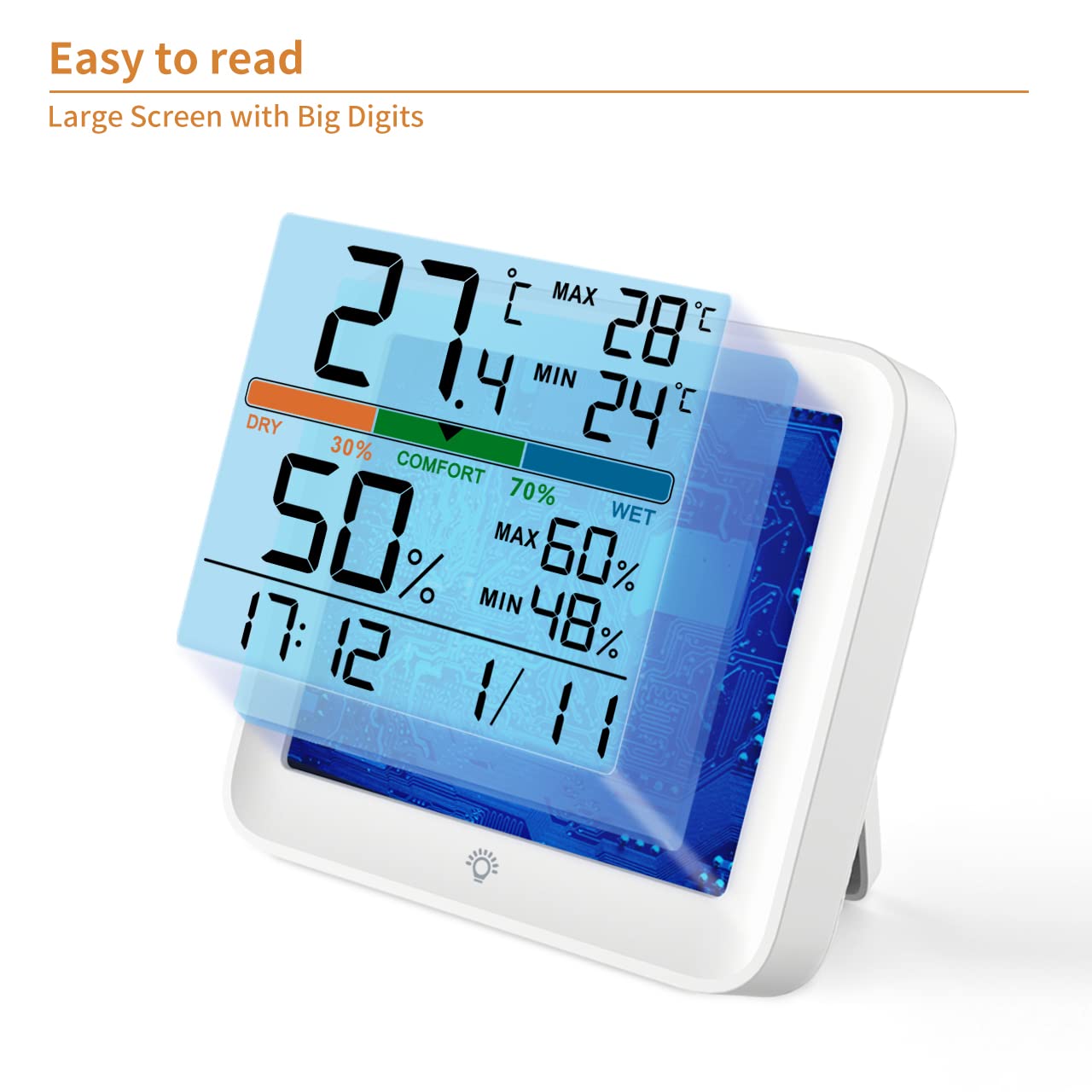 NOKLEAD Hygrometer Indoor Thermometer-Digital Room Humidity Gauge Accurate temperature Monitor Meter Max/Min Records, Touch LCD with Calibration Backlight Clock, Comfort Icon for Home Greenhouse
