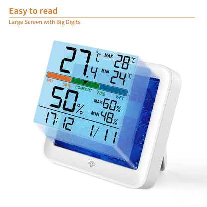 NOKLEAD Hygrometer Indoor Thermometer-Digital Room Humidity Gauge Accurate temperature Monitor Meter Max/Min Records, Touch LCD with Calibration Backlight Clock, Comfort Icon for Home Greenhouse