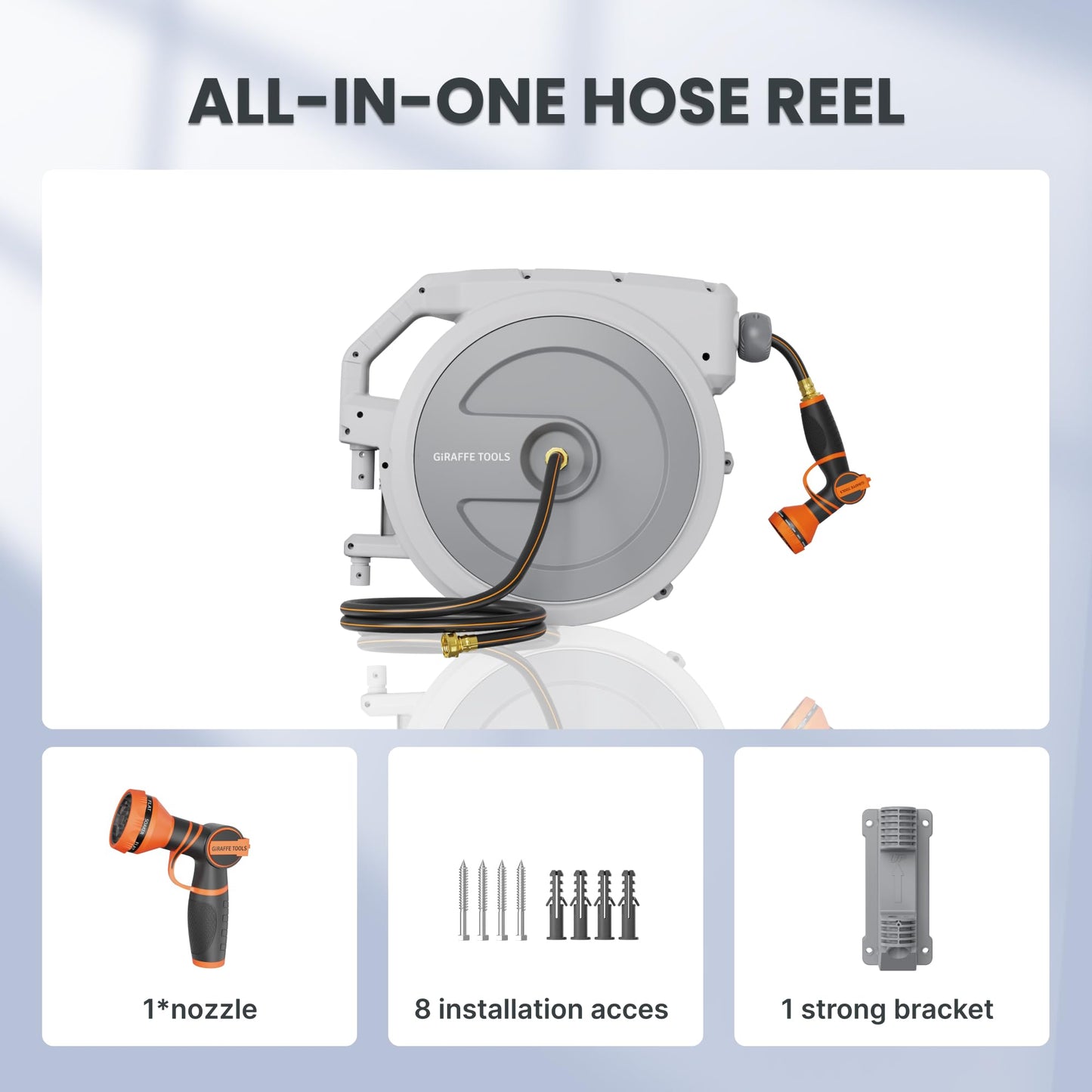 Giraffe Tools Heavy Duty Retractable Garden Hose Reel 1/2 130 FT, Wall Mounted with 9 Pattern Nozzle & Detachable Leader Hose, 180° Swivel Bracket, Any Length Lock, Commercial Grade (Light Grey)