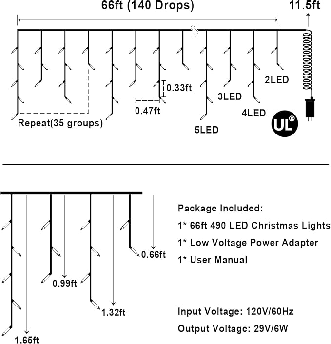 66 FT LED Christmas Lights with 140 Drops, 490 LED Indoor Outdoor Christmas Decorations, 8 Lighting Mode Waterproof Fairy Lights with Timer for Xmas Holiday Wedding Yard Party Multicolor