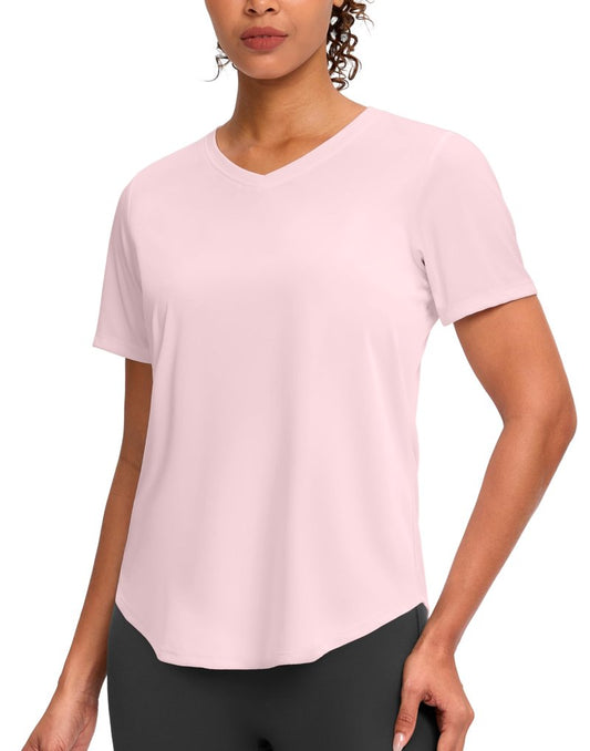 Womens Workout Shirts V-Neck Short Sleeve UPF 50+ Sun Shirt Moisture Wicking Dry Fit Top for Gym, Running, Athletic (Peach, L)