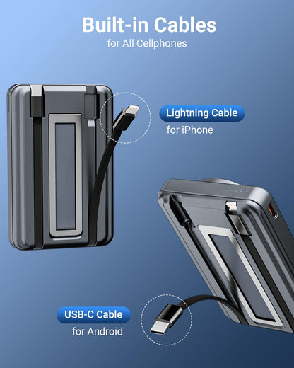 for Magsafe Portable Charger 10000mAh, Wireless Magnetic Power Bank for Apple Watch, 5 in 1 Fast Charging External Battery Pack with Cable and Stand for iPhone 16 Pro Max/15/14/13 Mini(Black)