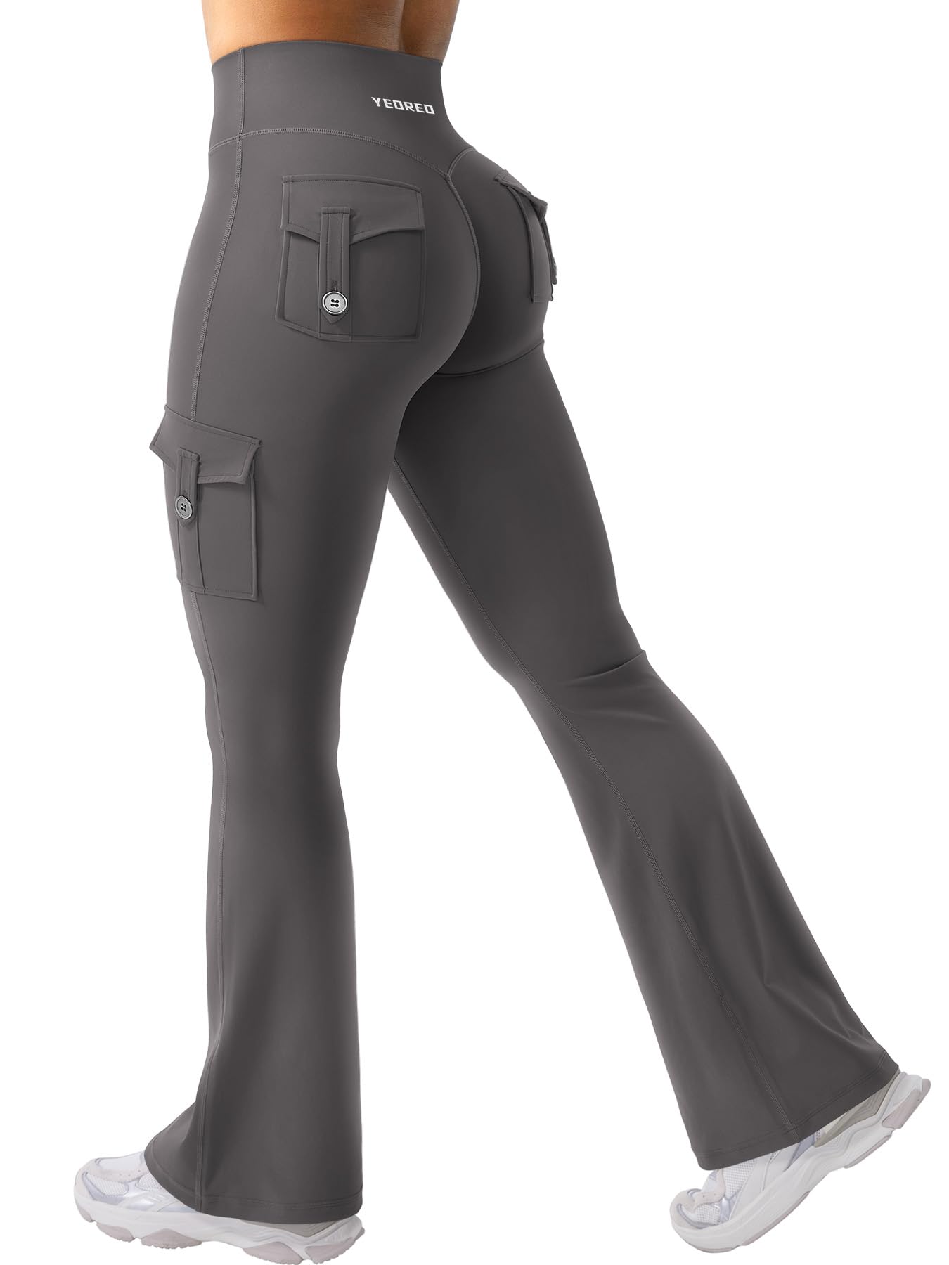 YEOREO CoreFlex Women Workout Flare Leggings with Pockets Hidden Scrunch High Waisted Cargo Gym Yoga No Front Seam Leggings Dark Grey XL