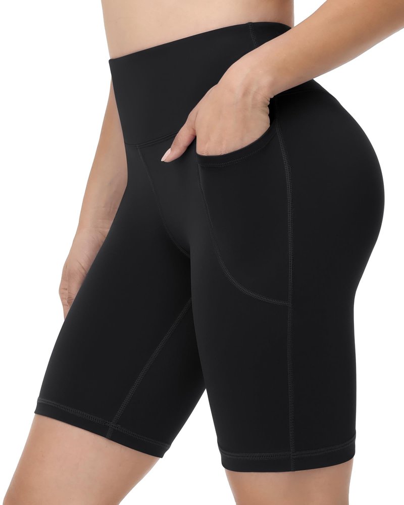 Runhit Biker Shorts Women with Pockets - 8'' High Waisted Tummy Control Workout Gym Yoga Running Spandex Compression Short Black