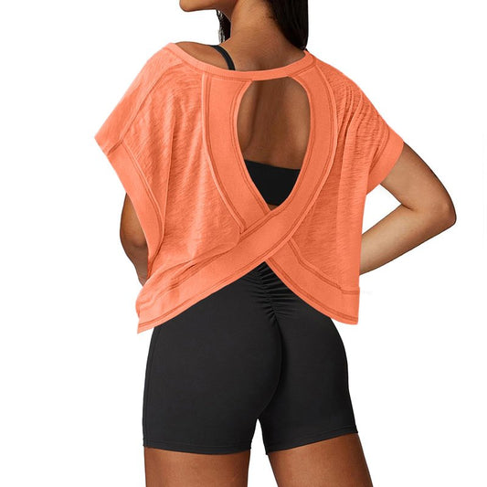 UNIANKIYA Open Back Workout Tops for Women Loose Fit Athletic Crop Tee Short Sleeve Gym Running Yoga Shirt Orange