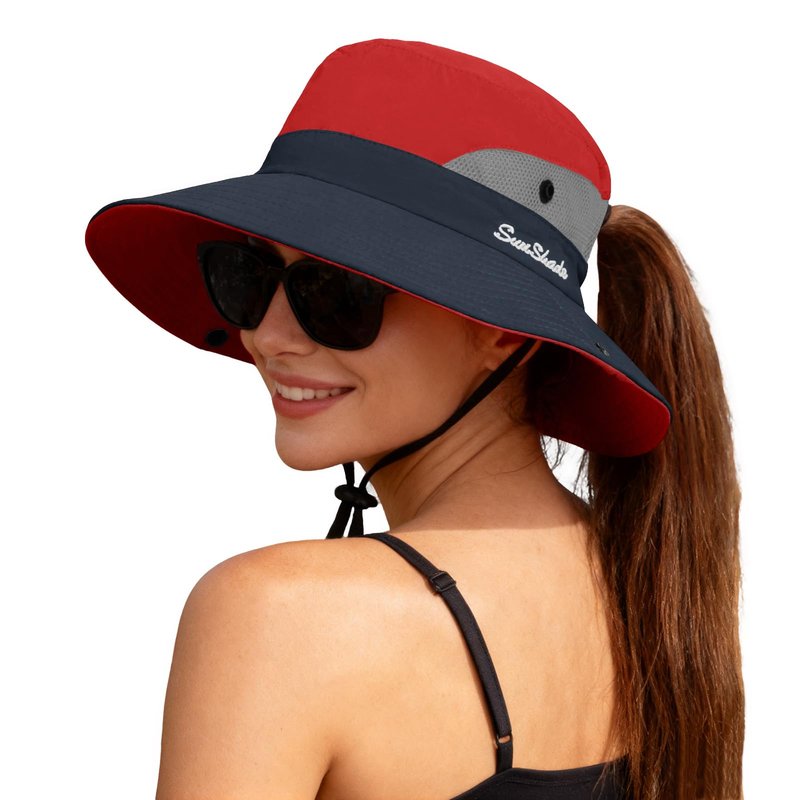 ZOORON 1 Pack Women's Ponytail Safari Sun Hat,Wide Brim UV Protection Outdoor Bucket Hat,Foldable Beach Summer Fishing Hat(red)