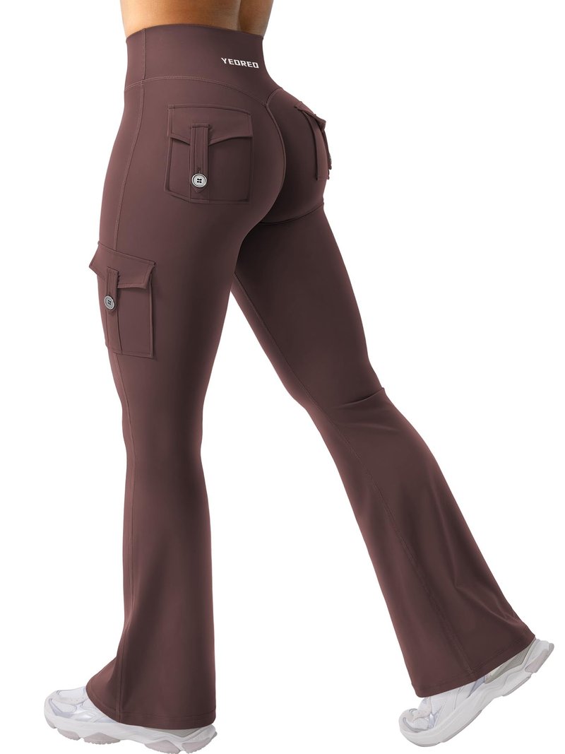 YEOREO CoreFlex Women Workout Flare Leggings with Pockets Hidden Scrunch High Waisted Cargo Gym Yoga No Front Seam Leggings Brown M