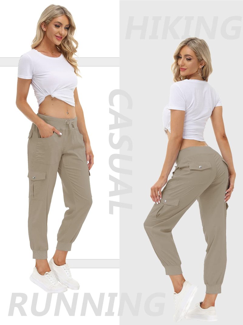 MoFiz Women's Cargo Pants Hiking Joggers Summer Lightweight Quick Dry Athletic Outdoor Sports Sweatpants Travel Casual Button Pockets Khaki L