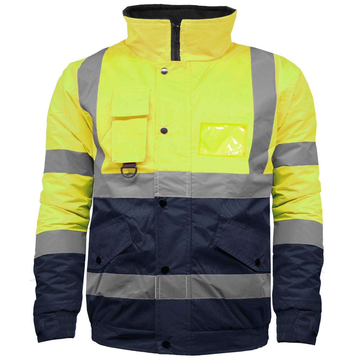 High Visibility Safety Security Reflective Protective Waterproof Workwear Bomber Jacket Fluorescent (L, Yellow/Navy)