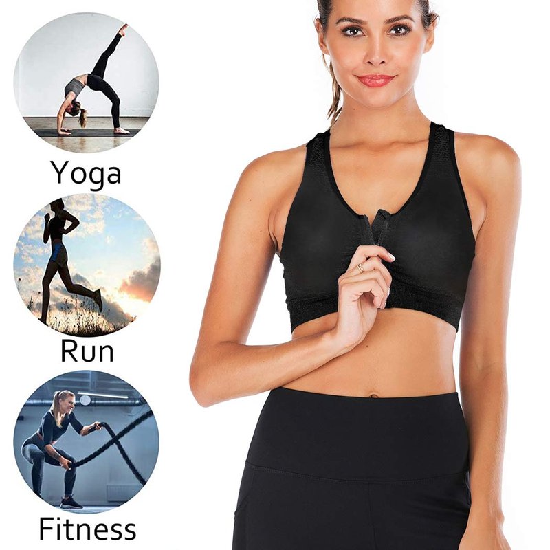 Women's Wireless Post-Surgery Zip Front Sports Bra | Medium Support Yoga Activewear Bra for Workout Recovery
