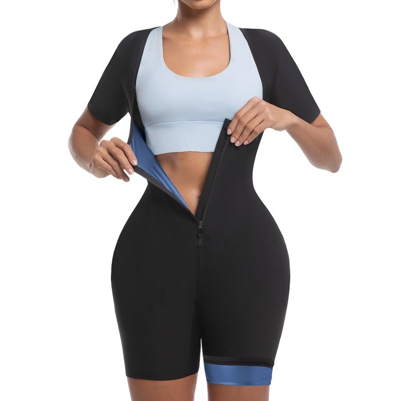Meiosuns Sauna Sweat Suit for Women Weight Loss Waist Trainer Full Body Compression Sweat Suit 4 in 1 Slimming Heat Trapping Sauna Shirt for Workout Bodysuit Gym Fitness Shaper Thighs (Blue,XL)