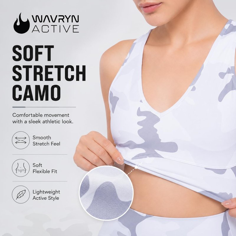 WAVRYN ACTIVE Women's Camo Sports Bra Top Medium Support Cross-Back Workout Bra for Gym, Yoga, Fitness - M, Grey-White