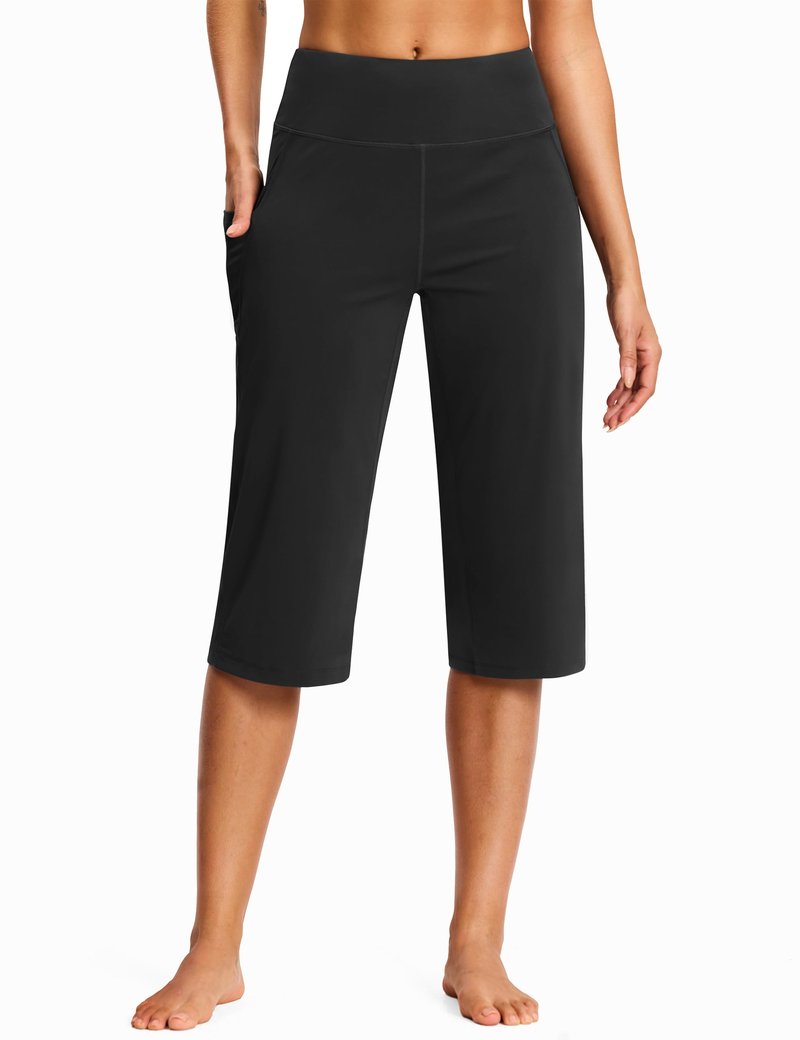 ISEEGZ 18" Capri Pants for Women High Waist with Pockets Women's Capris Workout Yoga Pants Loose Straight Leg Black
