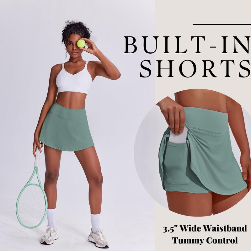 PINSPARK Tennis Skirt Womens Skort with Pockets Tummy Control Pleated Athletic Skirt Workout Golf Outfits,Sage Grey X-Large