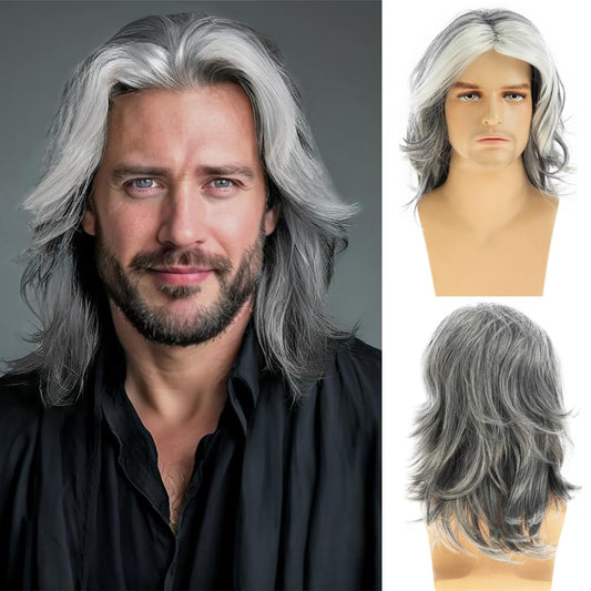 Baruisi Mens Wig Grey Long Straight Synthetic Heat Resistant Costume Cosplay Hair Wig