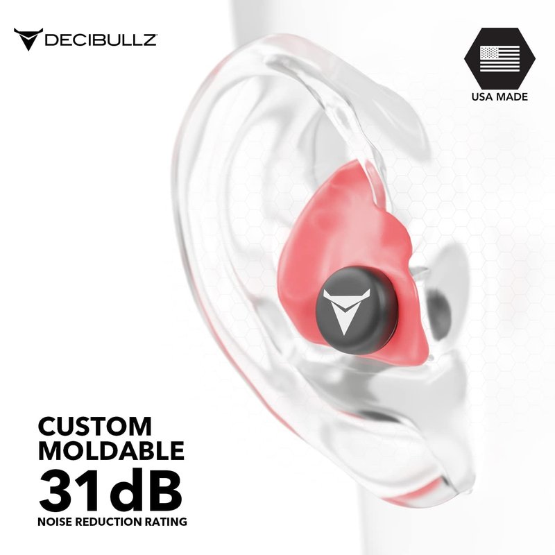 Decibullz - Custom Molded Earplugs, 31dB Highest NRR, Comfortable Hearing Protection for Shooting, Travel, Swimming, Work and Concerts (Red)