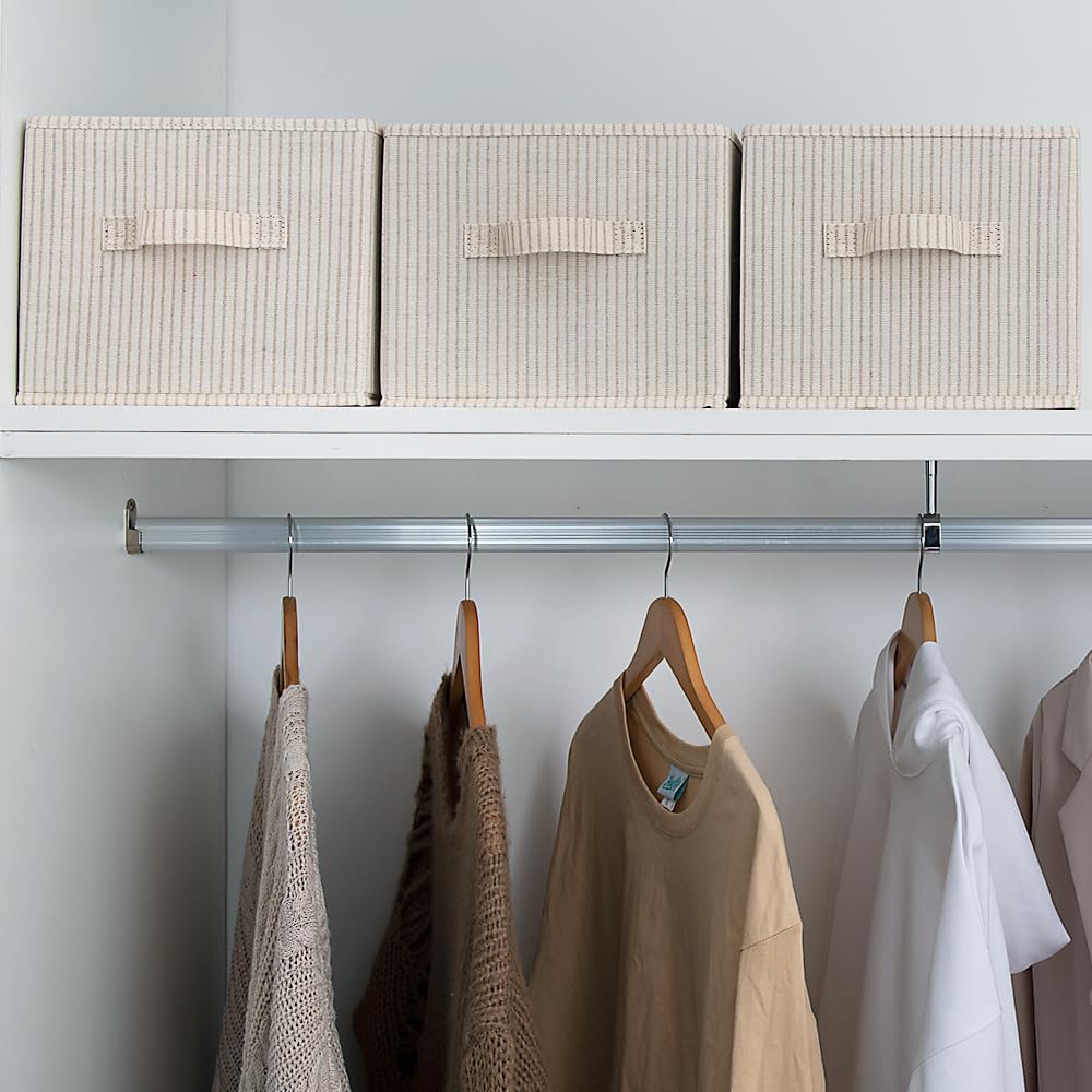 StorageWorks Shelf Storage Boxes, Large Storage Baskets for Shelves, Rectangular Closet Organisers with Handles, Foldable Closet Storage Baskets for Utility Room, Beige Stripes, 3-Pack