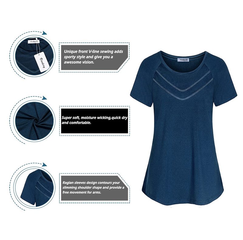 Vldnery Sweat Wicking Workout Tops for Women Short Sleeve Yoga Activewear Running Shirts Gym Athletic T-Shirts Crewneck Sports Clothes, Dark Blue Large