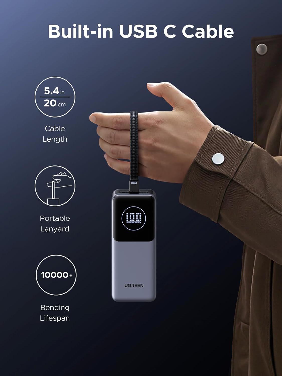 UGREEN Nexode Power Bank 20000mAh 130W with Built-in USB C Cable Laptop Travel Portable Charger, 80W Input, Fast Charging for MacBook Pro/Air/iPhone 17/16/iPad Pro/Galaxy S25 Ultra/Dell/HP and More