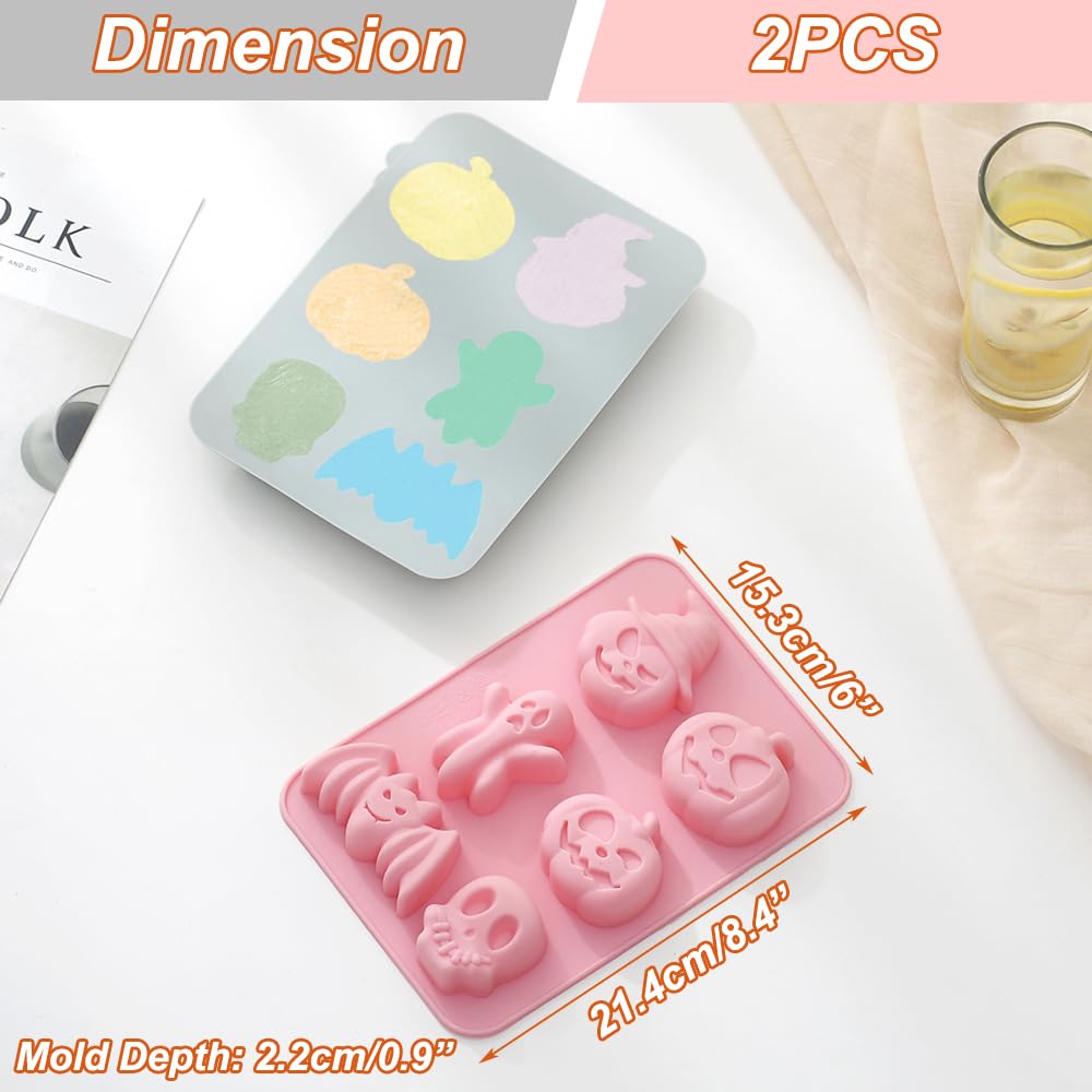 2 Pack Halloween Silicone Cake Mold Pumpkin Bat Skull Ghost Shape Silicone Mold for Chocolate Candy Gummy Jello Ice Cube Crayon Melt Biscuits, Soap Molds Silicone Baking Mold Making Kit for Kids