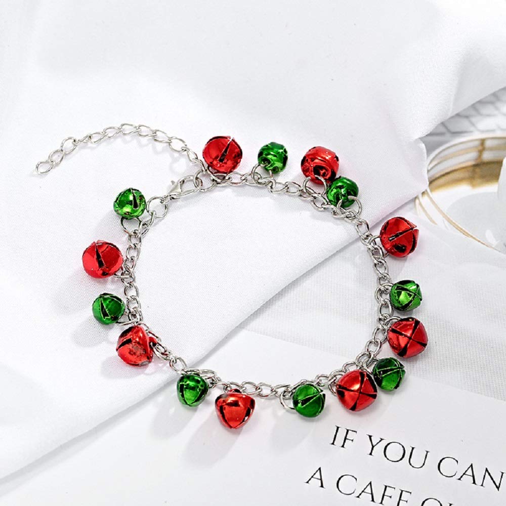 NewZenro Silver Red Green Christmas Jingle Bell Cute Ornament Long Chain Dangle Earrings Bracelets Necklaces for Women Hook Stocking Stuffers Hypoallergenic Party Jewelry Gifts for Daughter BFF Set