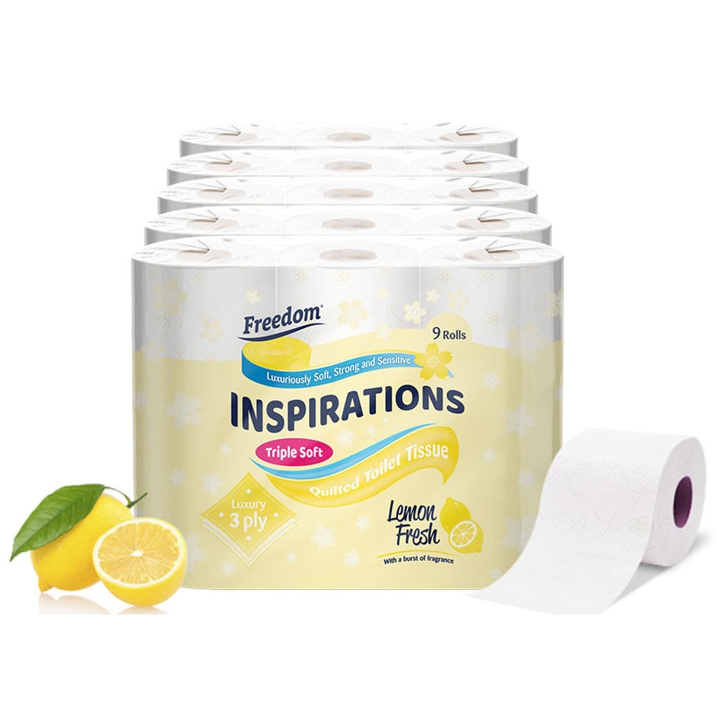 Freedom Inspirations Luxury 3Ply Toilet Roll - 45 Quilted Lemon Fresh Triple Soft and Scented Hygiene Bulk White Toilet Tissue and Loo Rolls