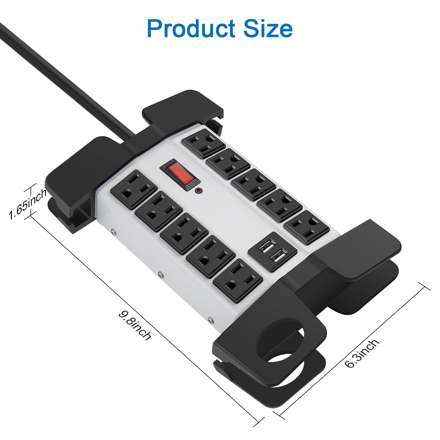 CCCEI Heavy Duty Power Strip with USB Ports, Garage 10 Outlets Surge Protector 2700 Joules, Industrial Workshop Metal 15Amp Multiple Outlets, 6 FT Extension Cord and Wide Spaced Grey.