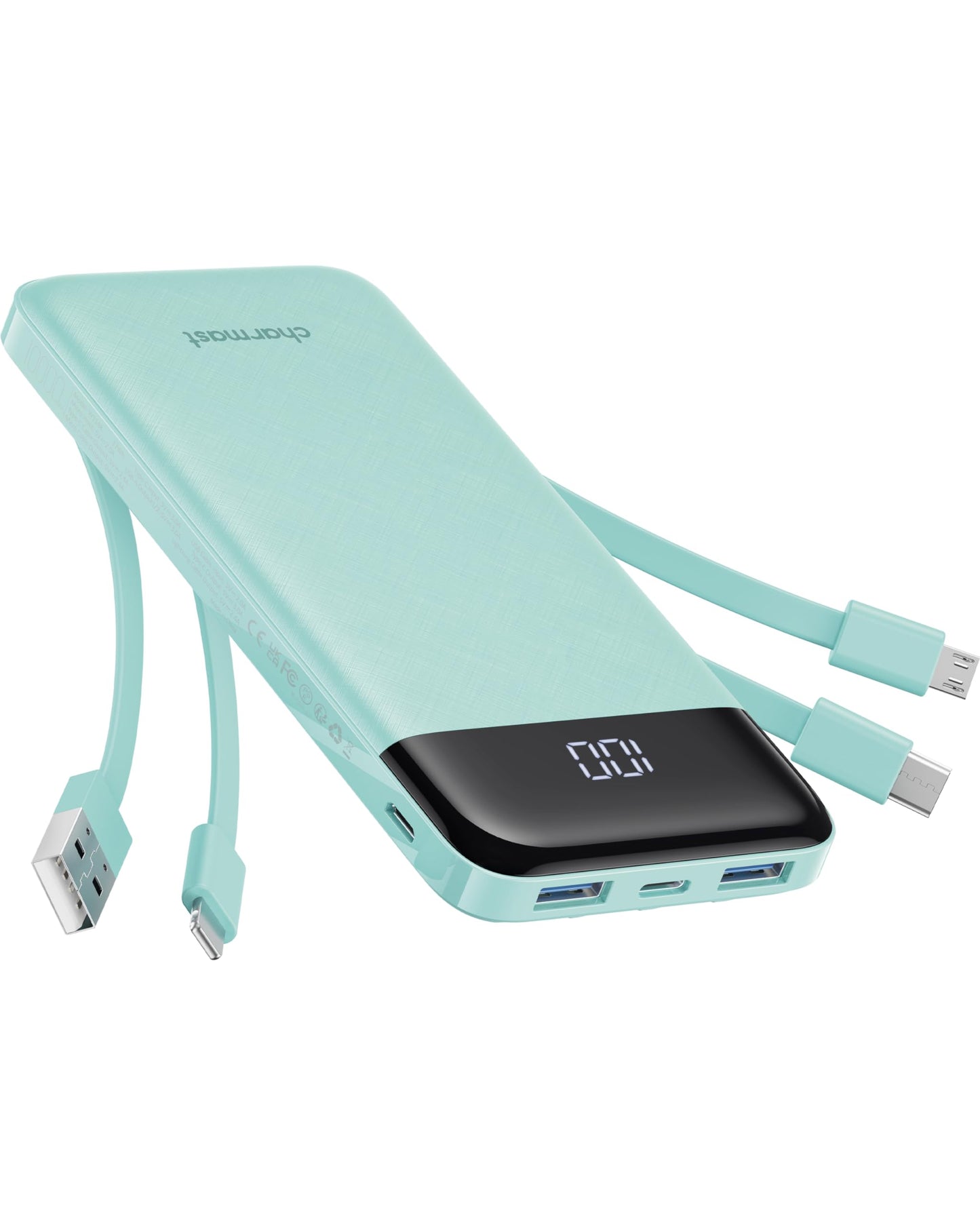 charmast Portable Charger with Built in Cables, Power Bank with Cords Wires, Slim 10000mAh Travel Battery Pack 6 Outputs 3 Inputs 3A Fast Charging for Samsung Google Pixel LG Moto iPhone iPad
