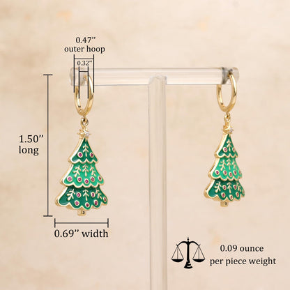 Sonateomber Christmas Tree Stocking Stuffers Dangle Drop Earrings for Women, Dainty Cute Xmas Gold Green Enamel Tree Dangling Hoop Santa Earings Holiday Party Outfit Accessories Costumes Jewelry Gift