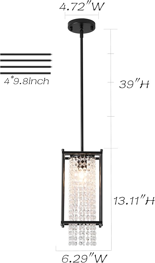 Mini Crystal Chandelier Black Modern Chandeliers Small Square Pendant Light Fixtures 1 Light Chandelier Lighting for Kitchen and Dining Room