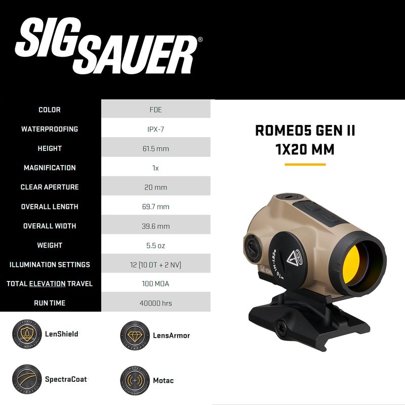 SIG SAUER ROMEO5 GEN II 1x20mm Compact Durable IPX-7 Waterproof Rifle Shooting Sight, Parallax-Free Optical Design, 12 Illumination Settings - GEN II Red Dot Sight - FDE (SOR5111)