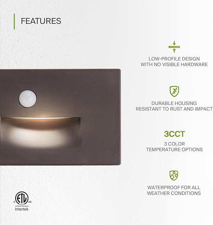 ASD LED Recessed Step Light Fixture, Outdoor & Indoor Tread Lighting | 3CCT, Motion Sensor, Waterproof, ETL Listed | 3W 120LM 3000K-5000K 120V | Staircase Hardwired Illumination | Dark Bronze, 4 Pack