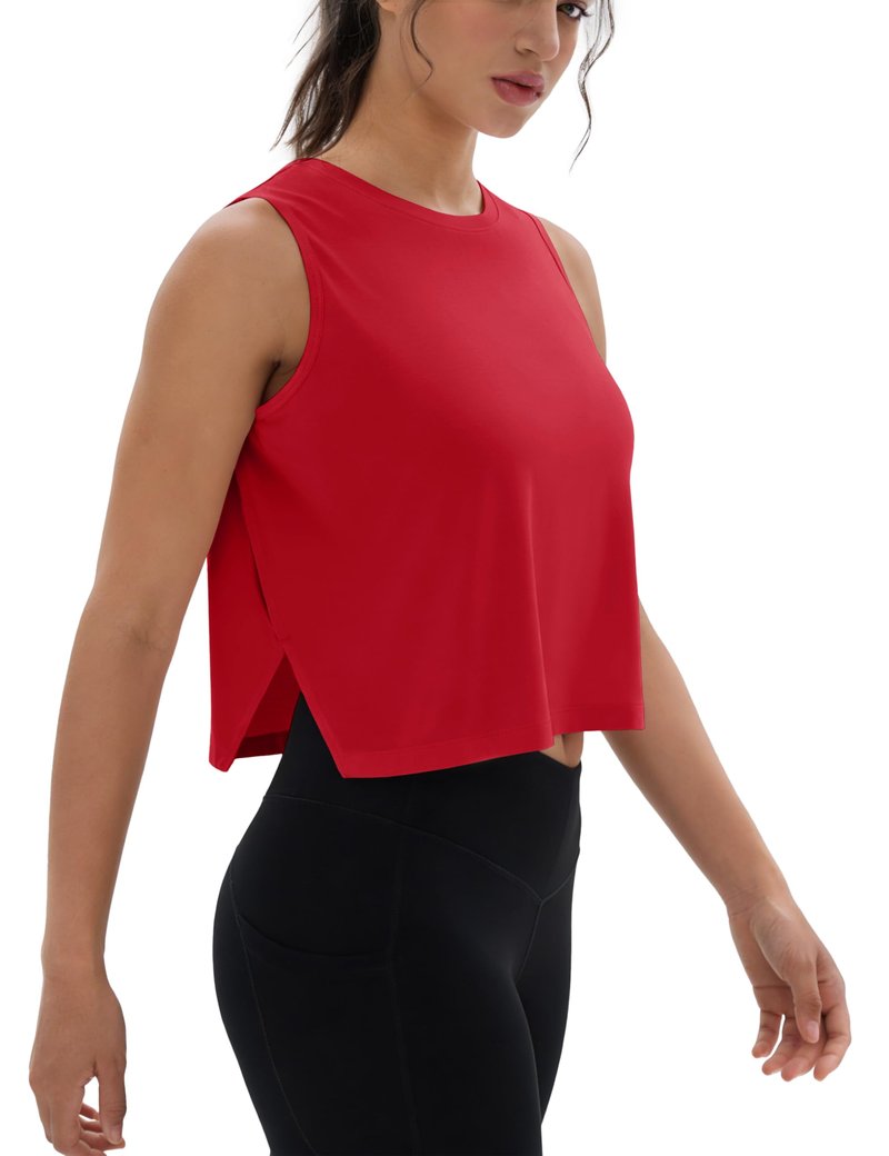 MAGCOMSEN Tank Tops for Women Quick Dry Basic Sleeveless Workout Cropped T-Shirts Athletic Tops with Side Slits Red L