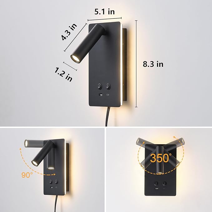 LED Reading Light Wall Mounted Lamp with 3 Brightness Dimmable & USB C+A Ports, Black Bedside Wall Lamps for Bedroom, Wall Sconce with Switch, Bed Lights for Headboard, Hotel, Bunk Bed, Dorm