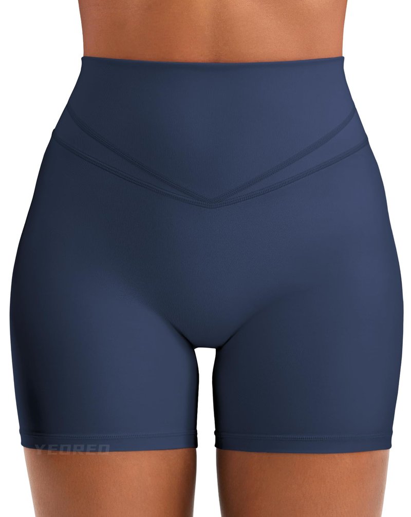 YEOREO Women Workout Yoga Shorts 4.5" No Front Seam Hidden Scrunch Almiy High Rise Buttery Biker Shorts Navy Blue M