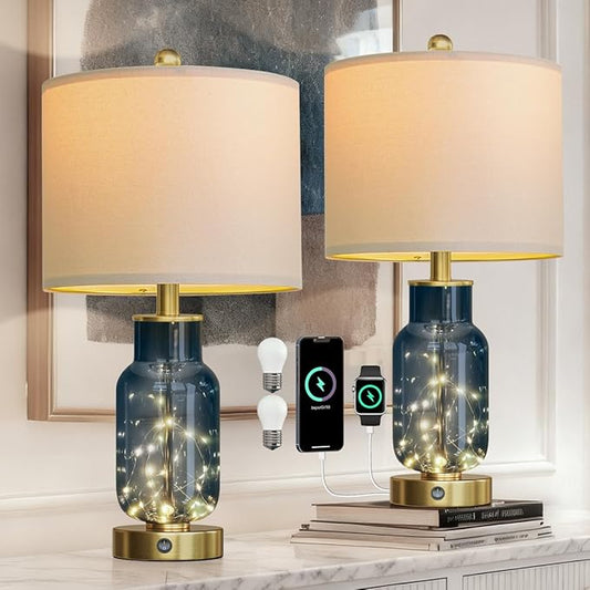 Oneach 22" Glass Table Lamps Set of 2, Blue Modern Bedside Lamp with LED Night Light for Living Room, Nightstand Lamp with USB Ports for Bedrooms, Study Room, End Table(2 Bulbs Included)