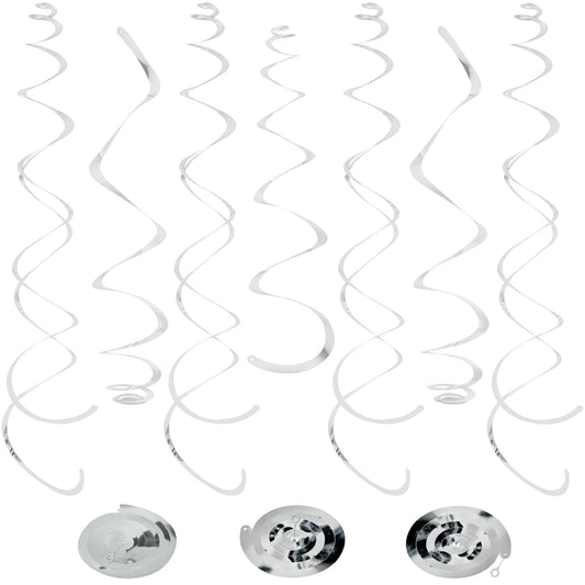 24 PCS Silver Foil Hanging Swirl, Sparkle Ceiling Hanging Decorations, Plastic Streamer Party Decorations, Swirl Decorations with Double-Swirls and Single-Swirls for Birthday, Baby Shower, New Years