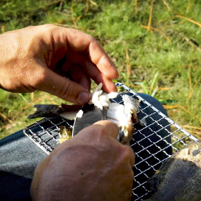 BattlBox Bushcraft Grill Stainless Steel Campfire Cooking Grate (2-Pack) Portable Camping Grate for Fire Cooking BBQ - Canvas Carrying Bag - Welded Mesh Grill Grate - Backpacking, Camping, Hiking