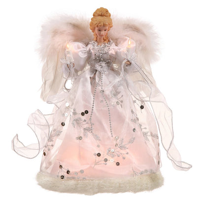 Vickerman Ice Palace Lighted White and Silver Angel Christmas Tree Topper with Clear Lights, 12"