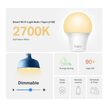 Tapo L510E Smart Bulb, Smart WiFi LED Light, E27, Works with Amazon Alexa(Echo and Echo Dot), Google Home, Dimmable Soft Warm White, No Hub Required [Energy Class F]