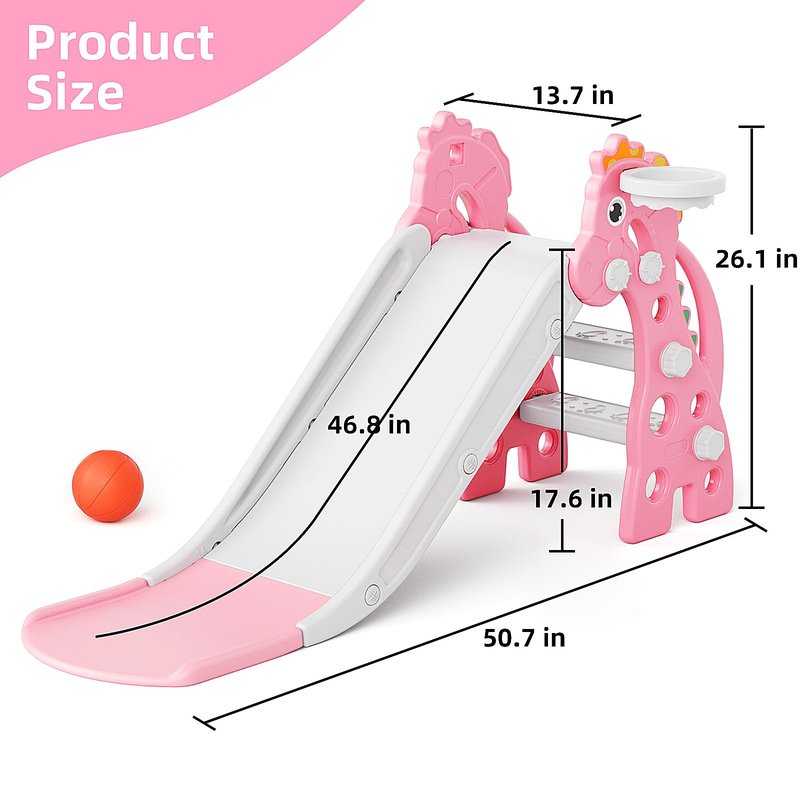 67i 3 in 1 Toddler Slide - 46.8 Inch Long Slide, 10-Min Easy Assembly, Foldable Anti-Tip Stable, Small Indoor Mini Slide for Toddlers 1-3, Baby Inside Slide Resbaladilla Indoor Outdoor Gift (Pink)