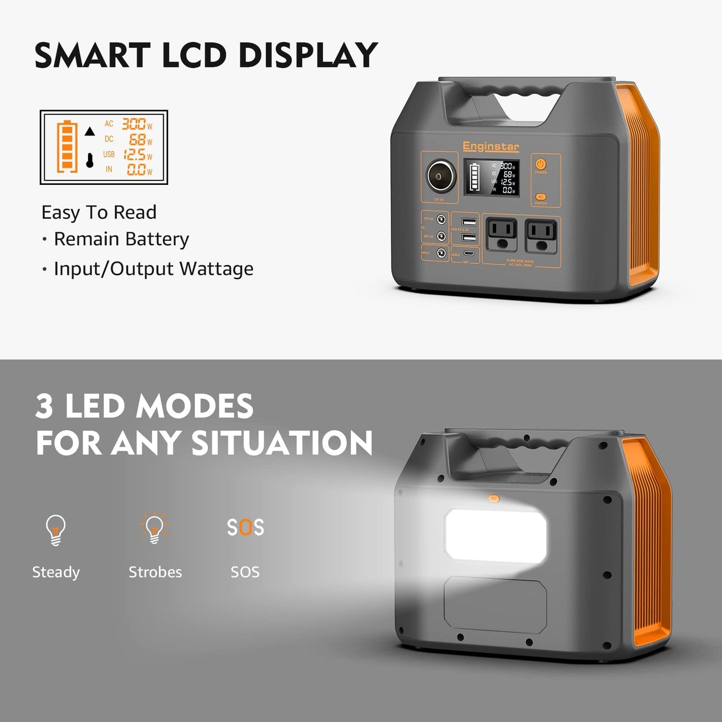 Portable Power Station EnginStar 300W Solar Generator 110V 296Wh Power Bank Two Pure Sine Wave AC Outlet 80000mAh Lithium Battery Pack for Camping Outdoors Trip RV Hunting Vans Emergency Backup