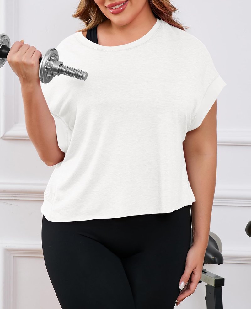 Fisoew Womens Plus Size Open Back Workout Tops Backless Short Sleeve Athletic Shirt Running Crop Top Gym Yoga T-Shirt White