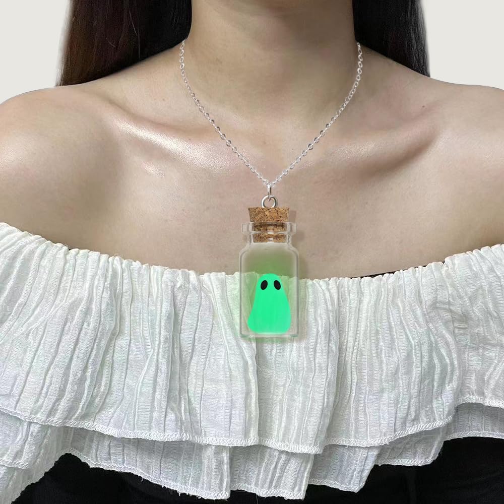 TKHLT Ghost in A Bottle Pendant Necklace,Glow In The Dark Ghost Necklace The Adopt A Ghost Necklace Halloween Jewelry for Women and Men