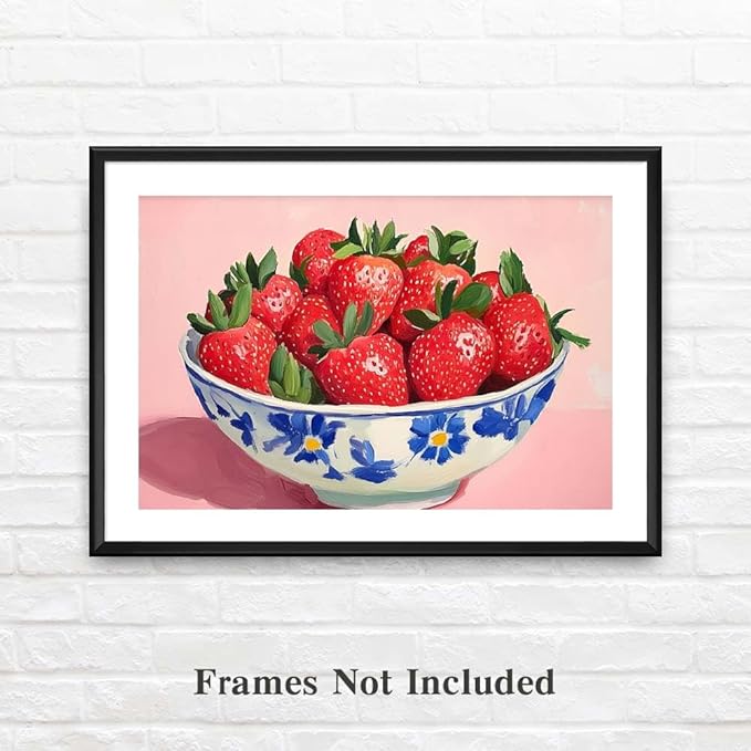 Yesad Strawberry Wall Art Print, Pink Kitchen Wall Décor Fruits Prints Canvas Wall Art Vintage Painting Pictures Modern Wall Décor for Living Room Dining Room Bedroom (Unframed,24”x16”, Strawberry)